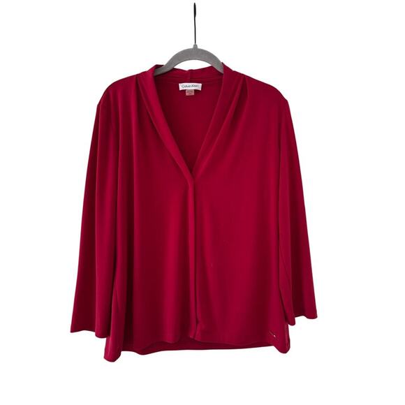 Calvin Klein Tops - Calvin Klein Womens Red V Neck Blouse Top Long Sleeve Stretch Career Office